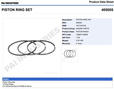 ANILLOS 405005 1-PISTON NAVISTAR DT 466 ANT 1993 Y NGD 408,466 (94-99) PAI