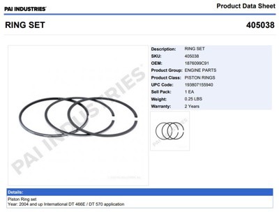 ANILLOS 405038 1-PISTON NAVISTAR 1850402 DT 466E MAXXFORCE PAI