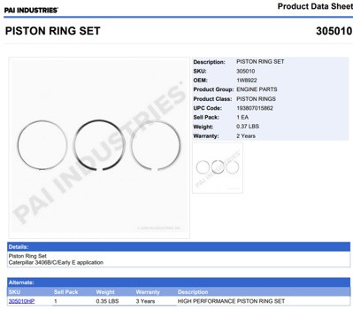 ANILLOS 305010 1-PISTON CAT 3406B, 3406C, 3406E (VER SERIES) PAI