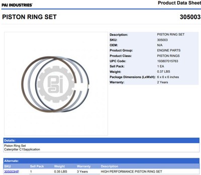 ANILLOS 305003 1-PISTON CAT C15 ACERT(SERIES BX5,MX5,NX5) PAI