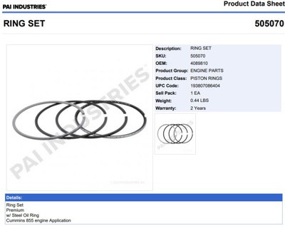 ANILLOS 505070 1-PISTON CUMMINS 4089810 315,350 4 RANURAS PAI