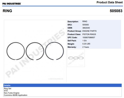 ANILLOS 505083 1-PISTON STD CUMMINS SERIE B S/TURBO 505083 PAI