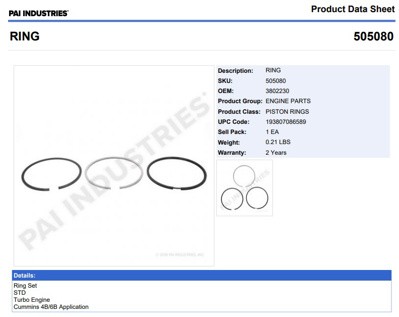 ANILLOS 505080 1-PISTON STD CUMMINS 3802230 SERIE B C/TURBO PAI