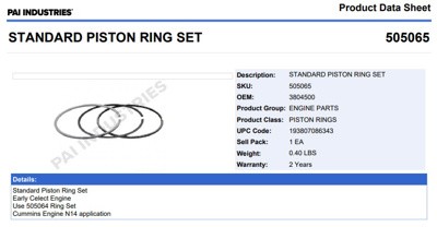 ANILLOS 505057 1-PISTON TRITECH CUMMINS 350,N14 4089489 PAI