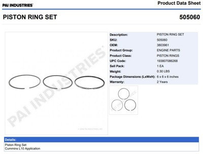 ANILLOS 505060 1-PISTON CUMMINS L10 PAI