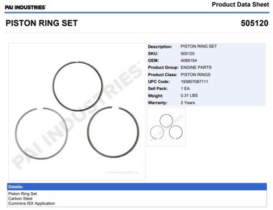 ANILLOS 505120 1-PISTON SECC. CUMMINS ISX 4309442 PAI