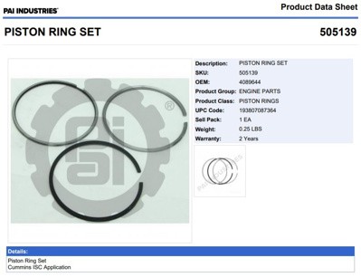 ANILLOS 505139 1-PISTON CUMMINS ISC ISL S/EGR PAI