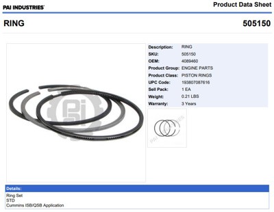 ANILLOS 505150 1-PISTON CUMMINS ISB PAI