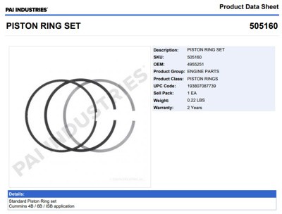 ANILLOS 505160 1-PISTON STD CUMMINS ISB 4.5/6.7 4955366 PAI